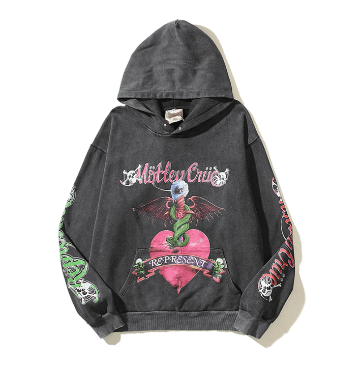 Represent Motley Crue Skull Print Distressed Retro Hoodie