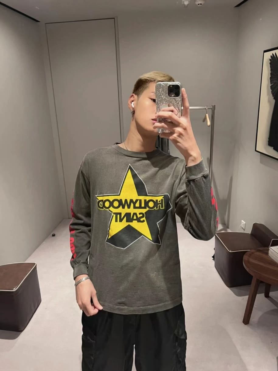 Saint Michael Five-Pointed Star English Letter Long Sleeve T-Shirt