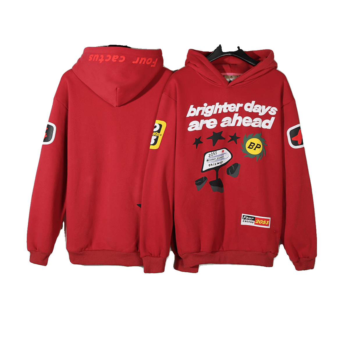 Broken Planet Warning Badge Puff Print Velvet Padded Hooded Sweatshirt Fashion