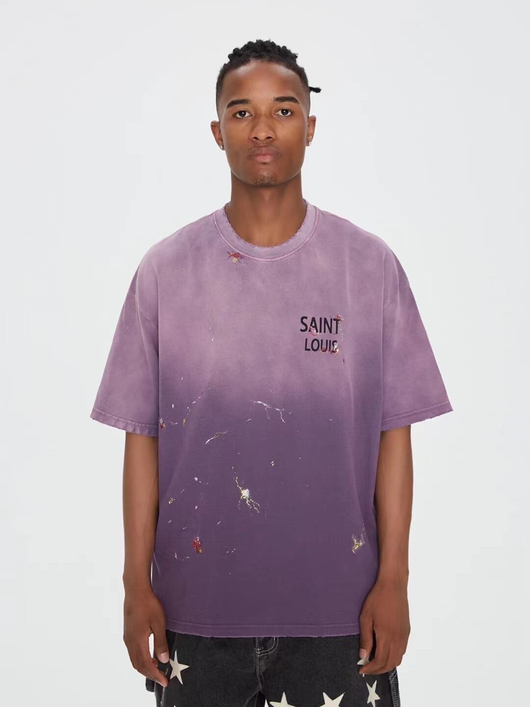 saint L**is washed gradient black letter logo loose distressed t-shirt