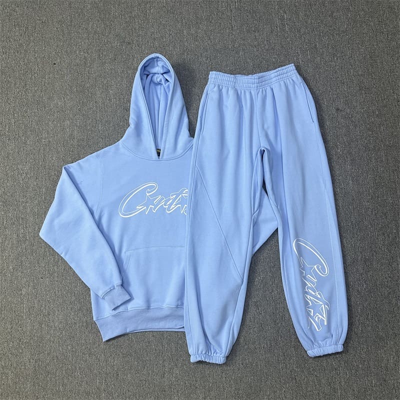 Corteiz Devil Island Letter Print Fleece-Lined Sweatshirt and Sweatpants Set for Men and Women