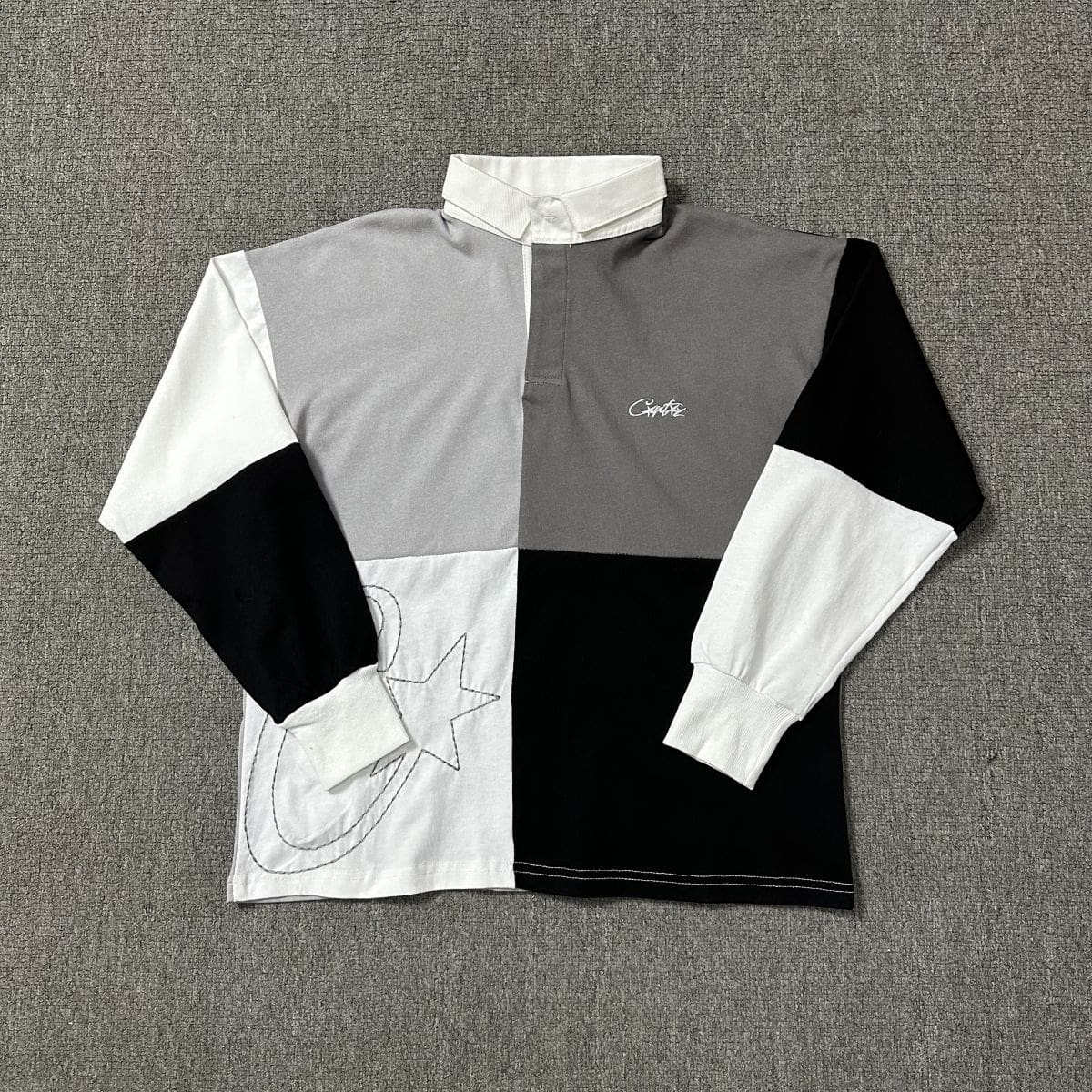 Corteiz Devil Island Color Block Embroidery Long Sleeve Polo Shirt Men’s Drill Style Loose Top