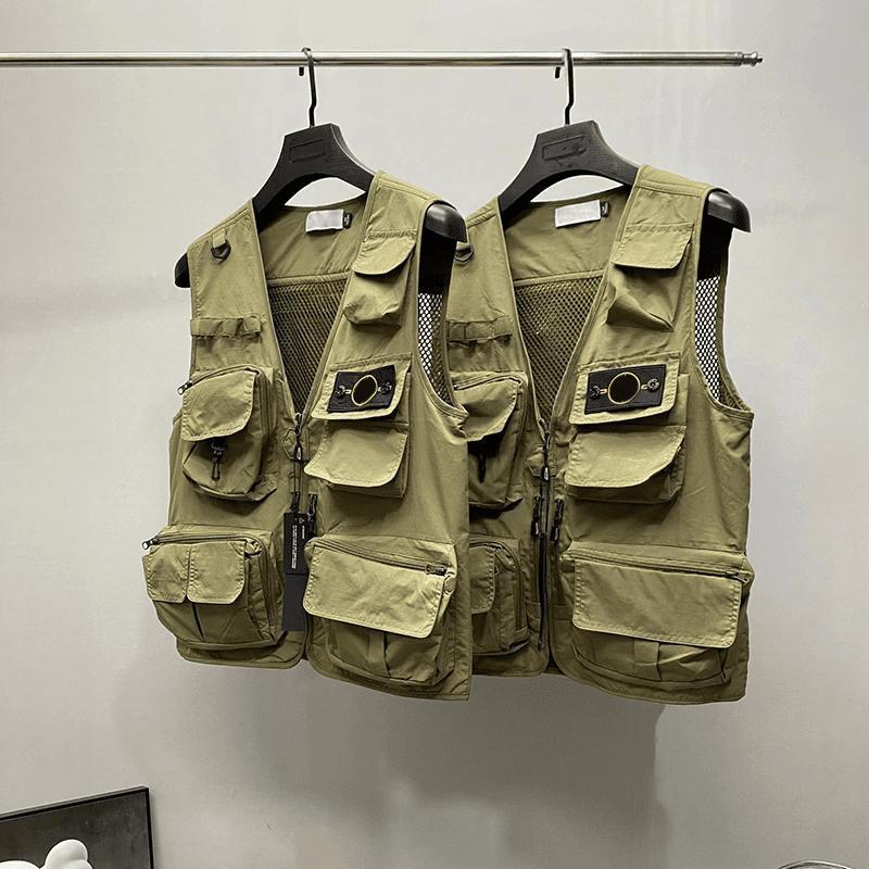 Stone Island V-Neck Multi-Pocket Workwear Vest Zipper Mesh Waistcoat