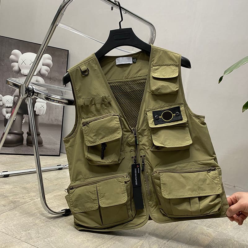 Stone Island V-Neck Multi-Pocket Workwear Vest Zipper Mesh Waistcoat