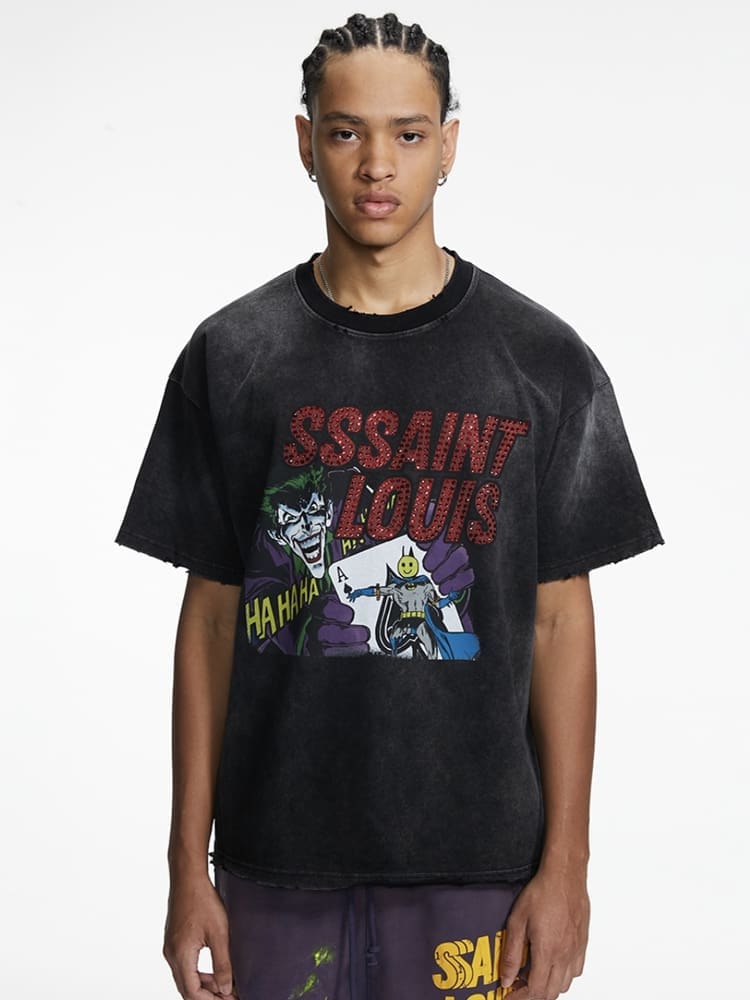 Saint Clown Rhinestone Vintage Washed Short Sleeve T-Shirt for Men and Women