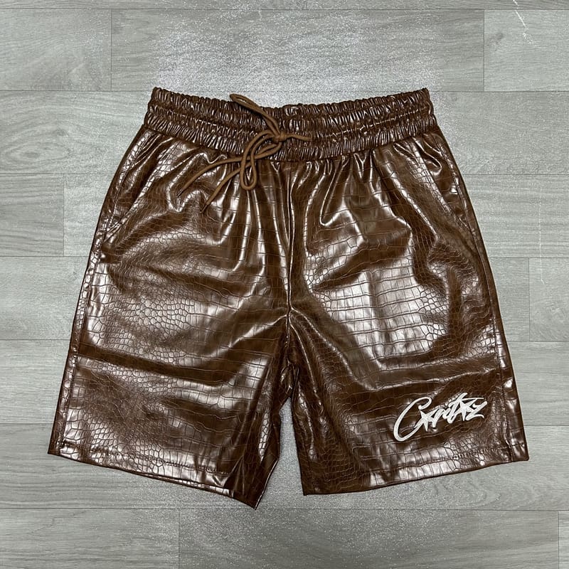 Corteiz Snakeskin PU Letter Embroidered Casual Shorts for Men and Women