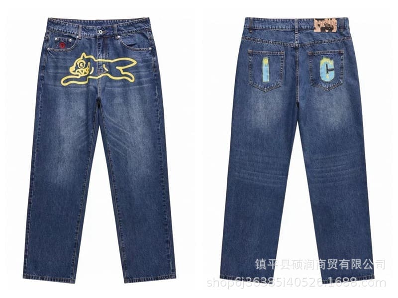 ICECREAM Flying Dog Print Wide Leg Denim Trousers for Men and Women