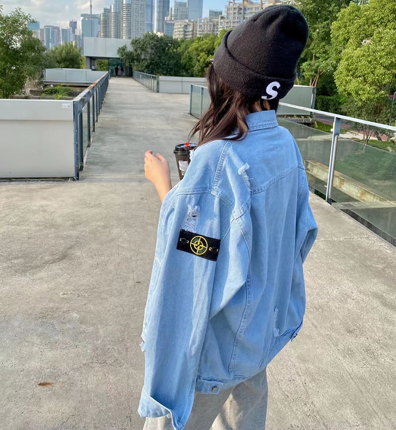 Stone Island Ripped Denim Jacket Retro Washed Casual Long Sleeve for Men and Women