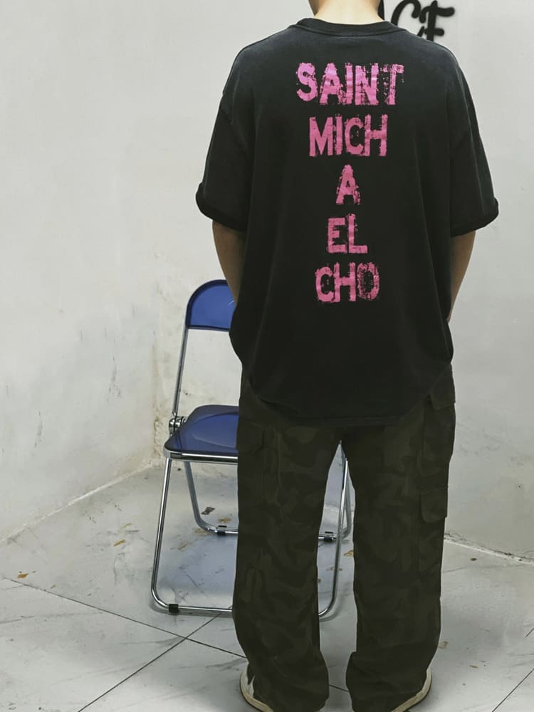 Saint Michael Abstract Character Vintage Washed Short Sleeve T-Shirt for Men