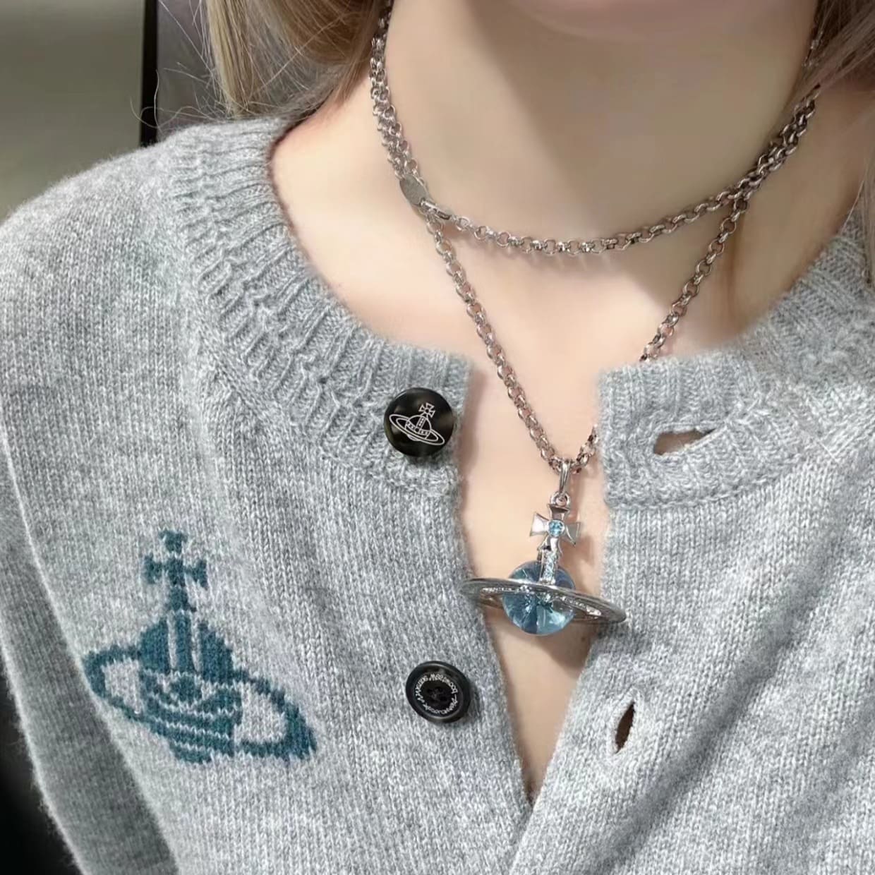 u1u1enne westwood large glacier blue orb saturn necklace for women