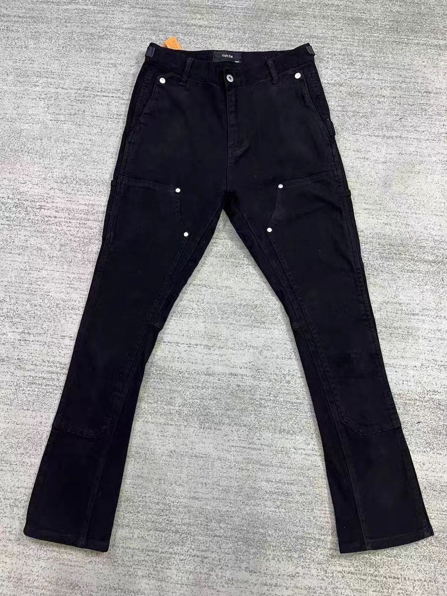 VUJADE logging pants flared jeans washed zipper casual overalls black Brown