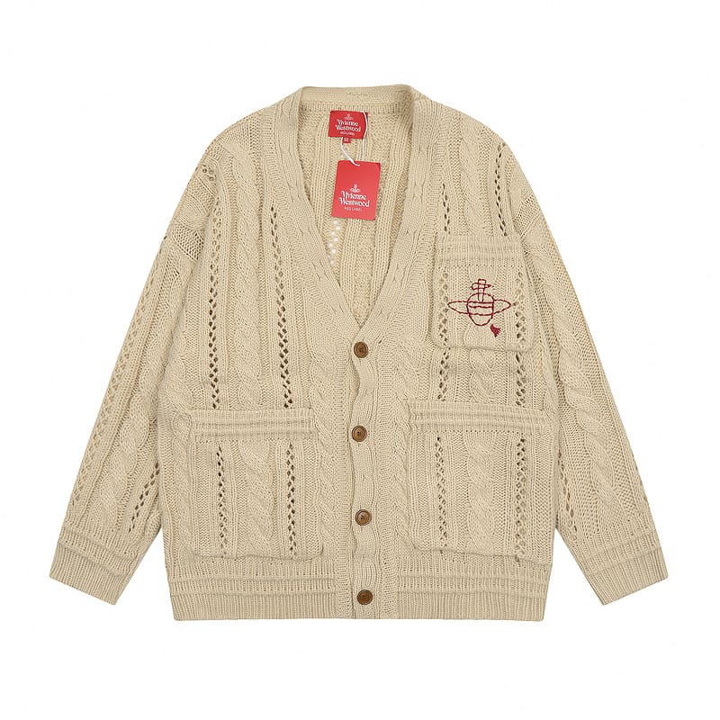 u1u1enne westwood loose v-neck cardigan hollow design knitted sweater for men and women