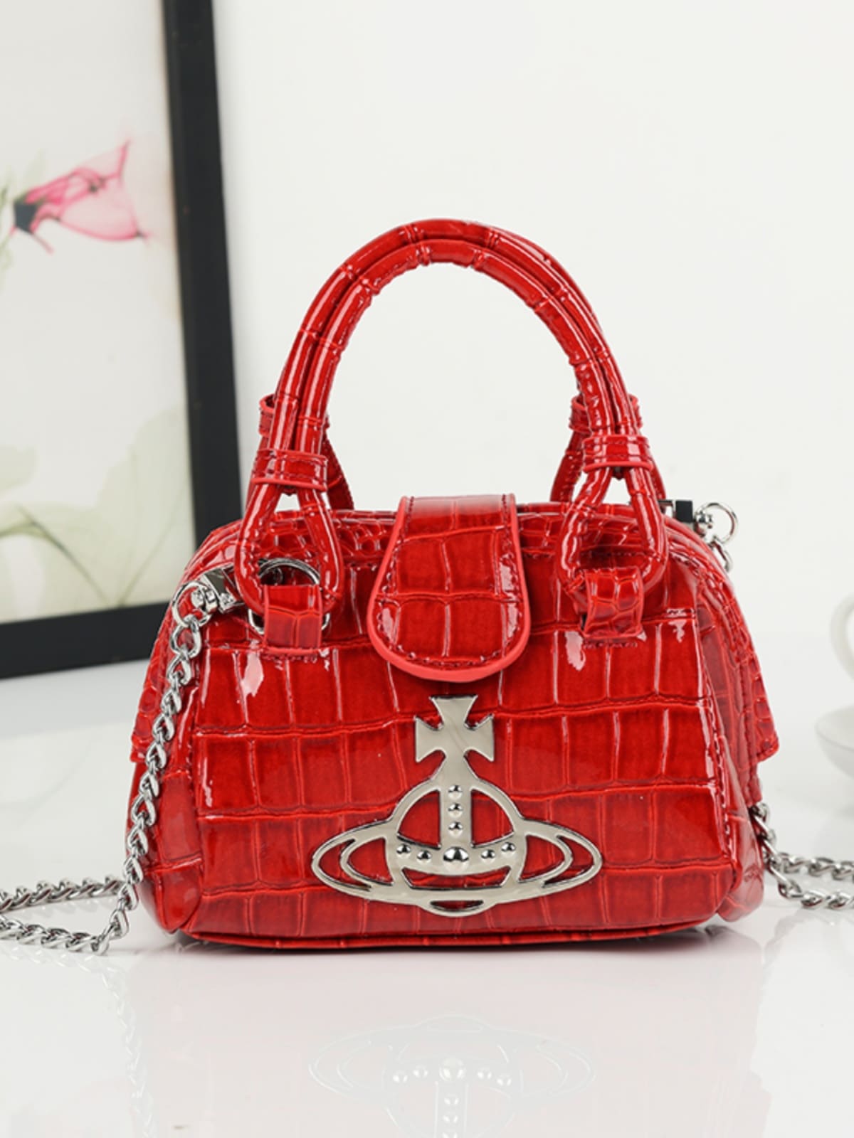 u1u1enne westwood crocodile pattern red chain small square bag for women