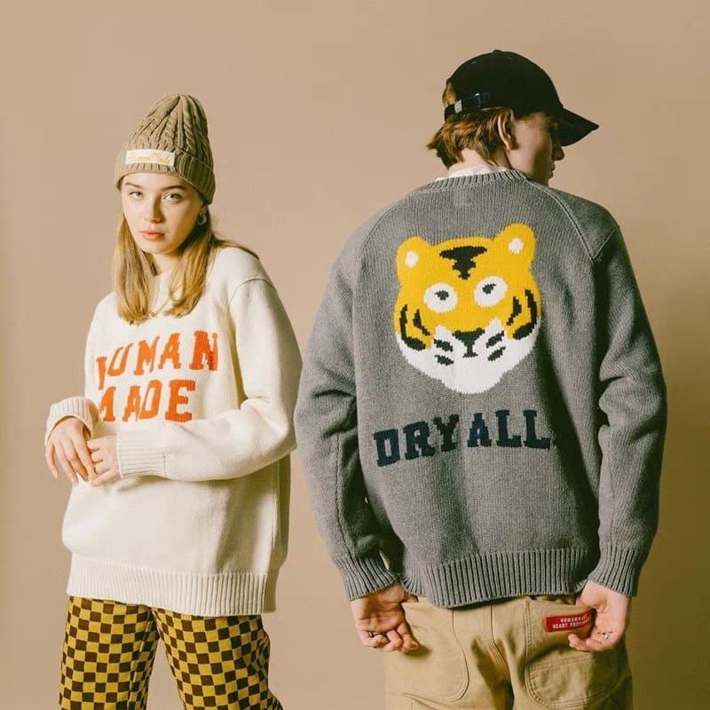 Human Made Cartoon Jacquard Sweater Niche Trendy Round Neck for Couples