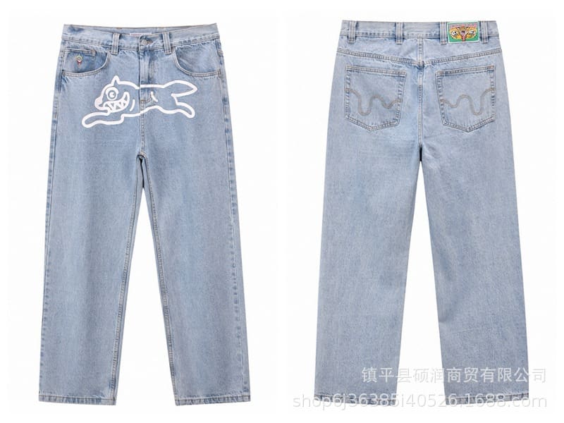 ICECREAM Flying Dog Print Wide Leg Denim Trousers for Men and Women