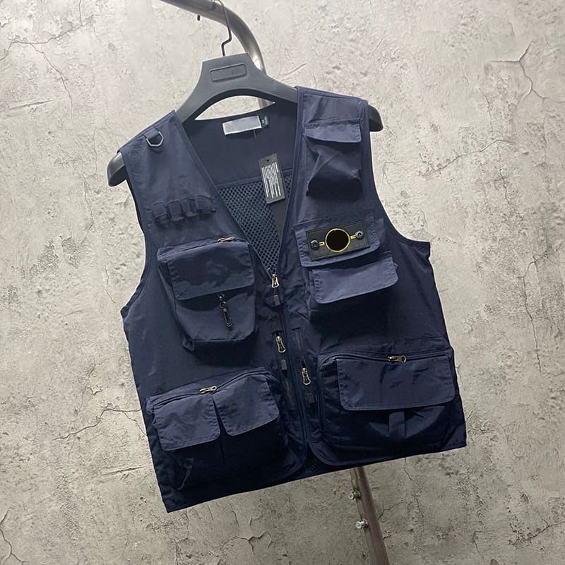Stone Island V-Neck Multi-Pocket Workwear Vest Zipper Mesh Waistcoat