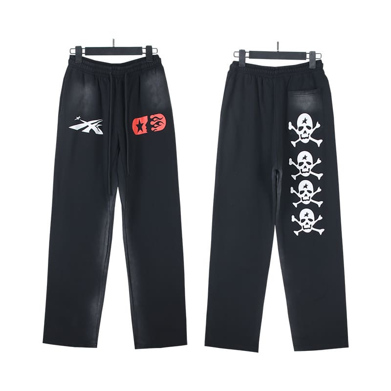 H*lst*r ins european and american high street fashion brand hell skull print loose sports and leisure washed and worn pure cotton straight trousers