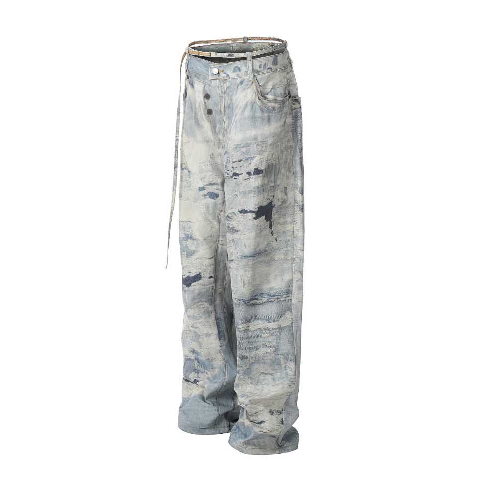 AC style 2024 New retro worn looking washed-out jeans straight wide leg mop trousers