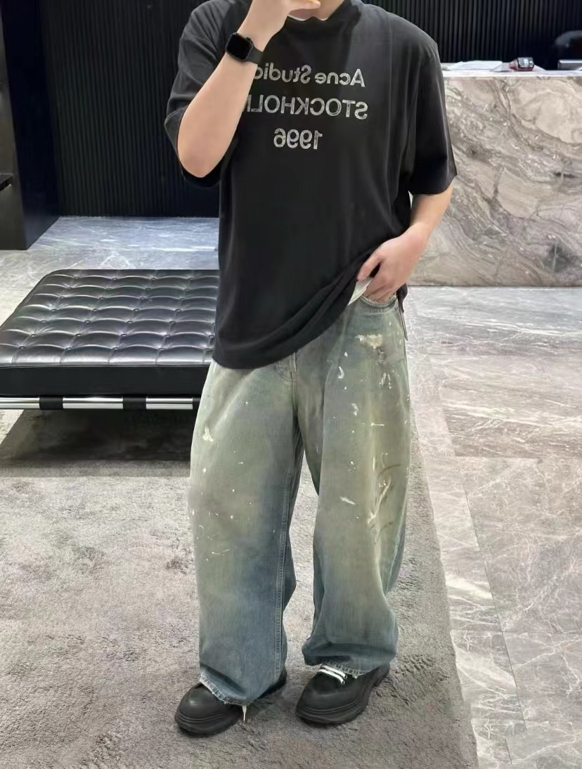 American fashion brand loose all-match Acne High Street INS SS24 splash-ink mud dyed loose distressed men’s jeans